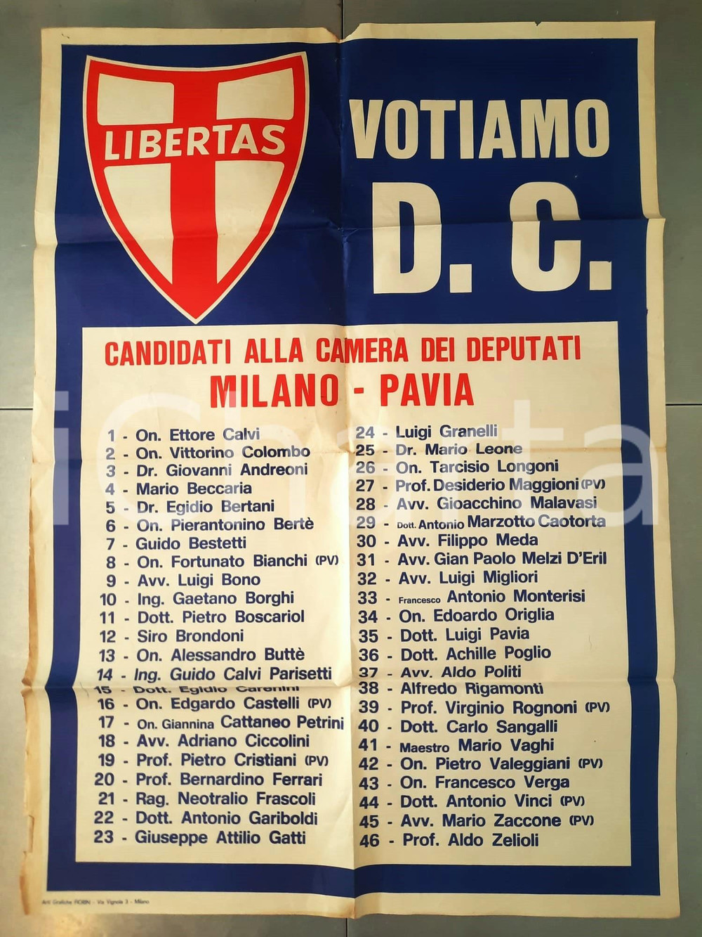 Materiale pubblicitario d’epoca 1968 DEMOCRAZIA CRISTIANA  MILANO / PAVIA  Candidati alla Camera Manifesto 1