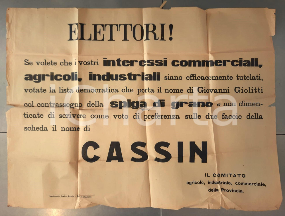 Materiale pubblicitario d’epoca ELEZIONI 1913 Collegio BORGO SAN DALMAZZO  Manifesto Marco CASSIN 84x60 cm 1