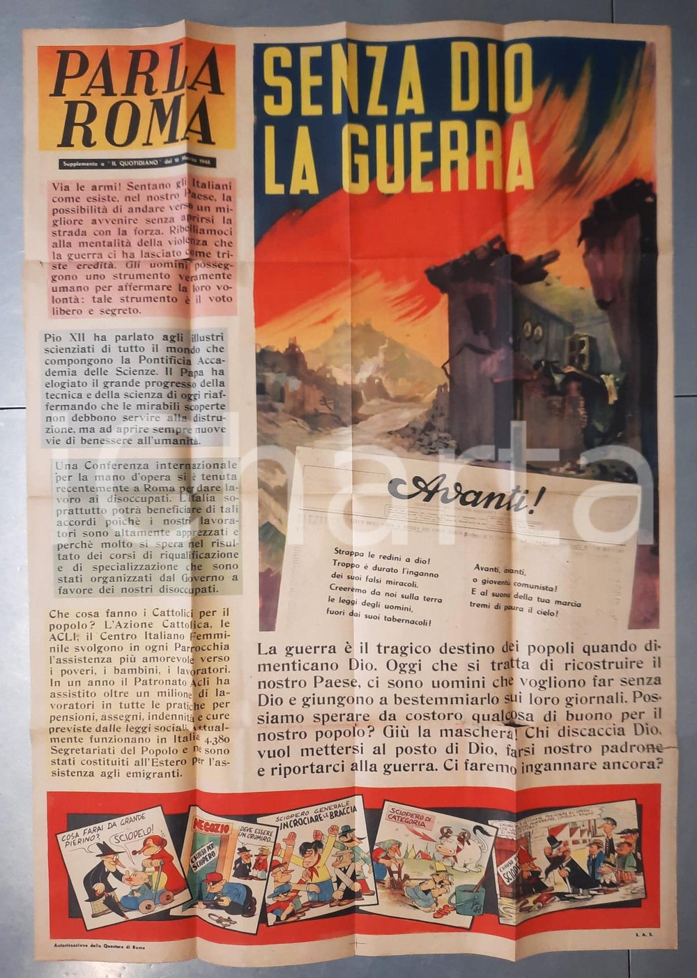 Materiale pubblicitario d’epoca 1948 PARLA ROMA Senza Dio la guerra  Manifesto con vignette JACOVITTI 1