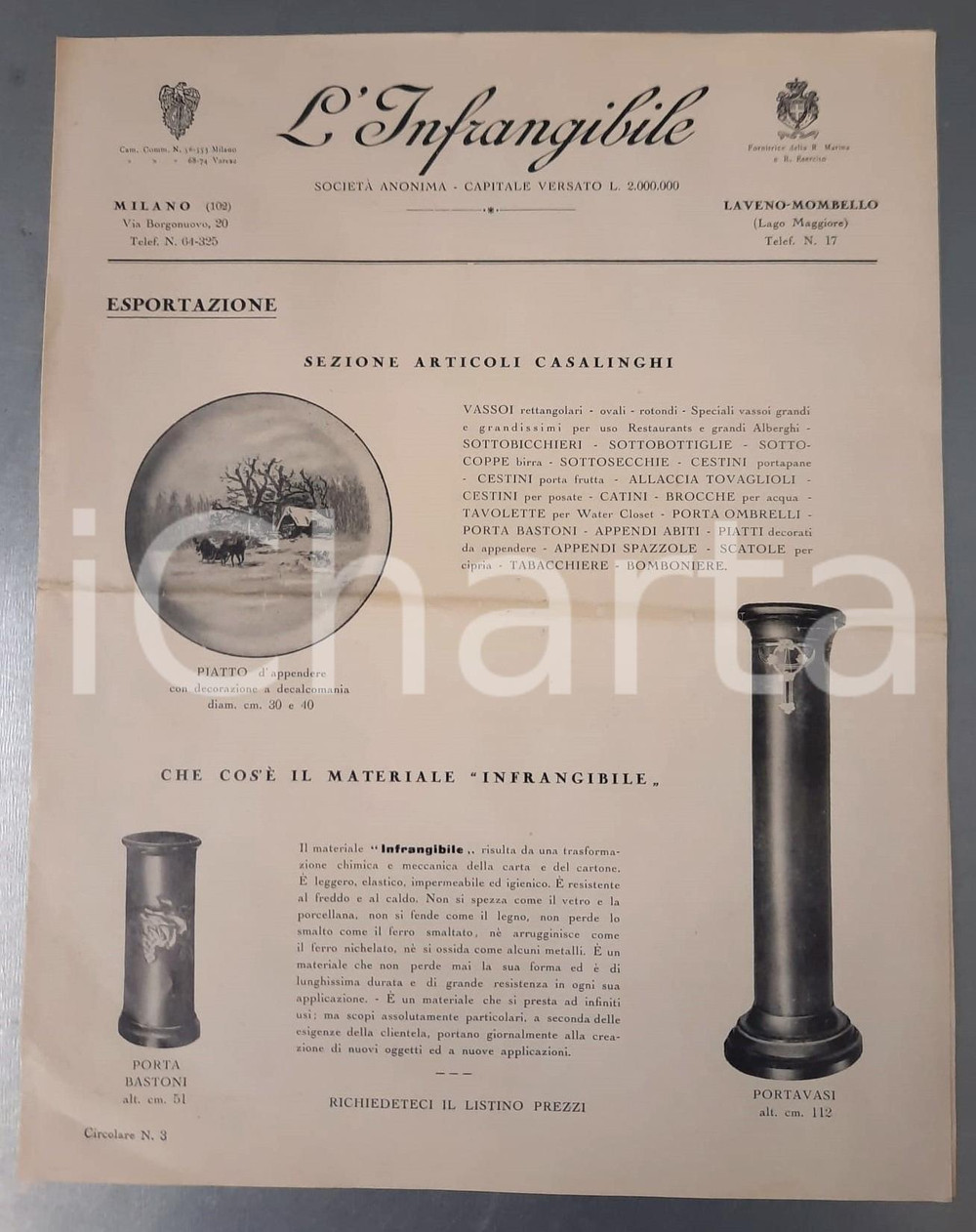 Materiale pubblicitario d’epoca 1935 ca MILANO Ditta L INFRANGIBILE  Articoli casalinghi Pieghevole ILLUSTRATO 1