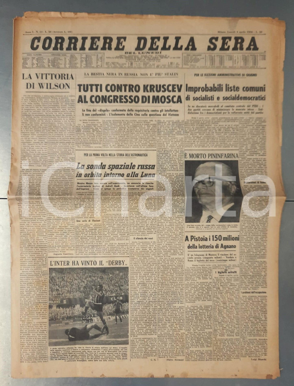 1966 CORRIERE DELLA SERA Morte PININFARINA - L'Inter vince il derby - Giornale