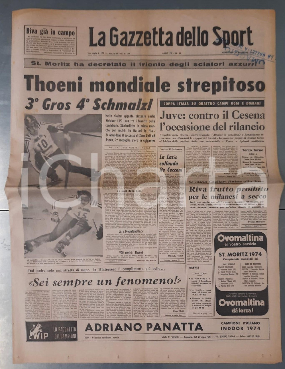 Giornale, rivista storica 1974 LA GAZZETTA DELLO SPORT Gustav THOENI vince mondiale di sci  Giornale 1