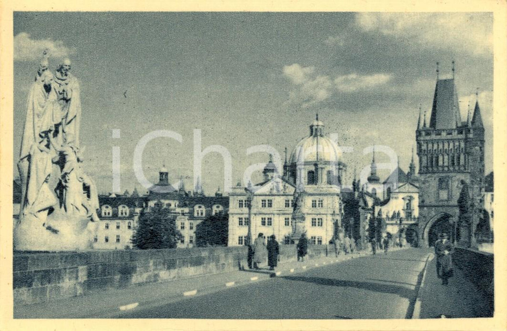 Cartolina originale da collezione 1930 ca PRAGA (CZ) Passanti sul Ponte CARLO IV *Cartolina postale FP NV 1