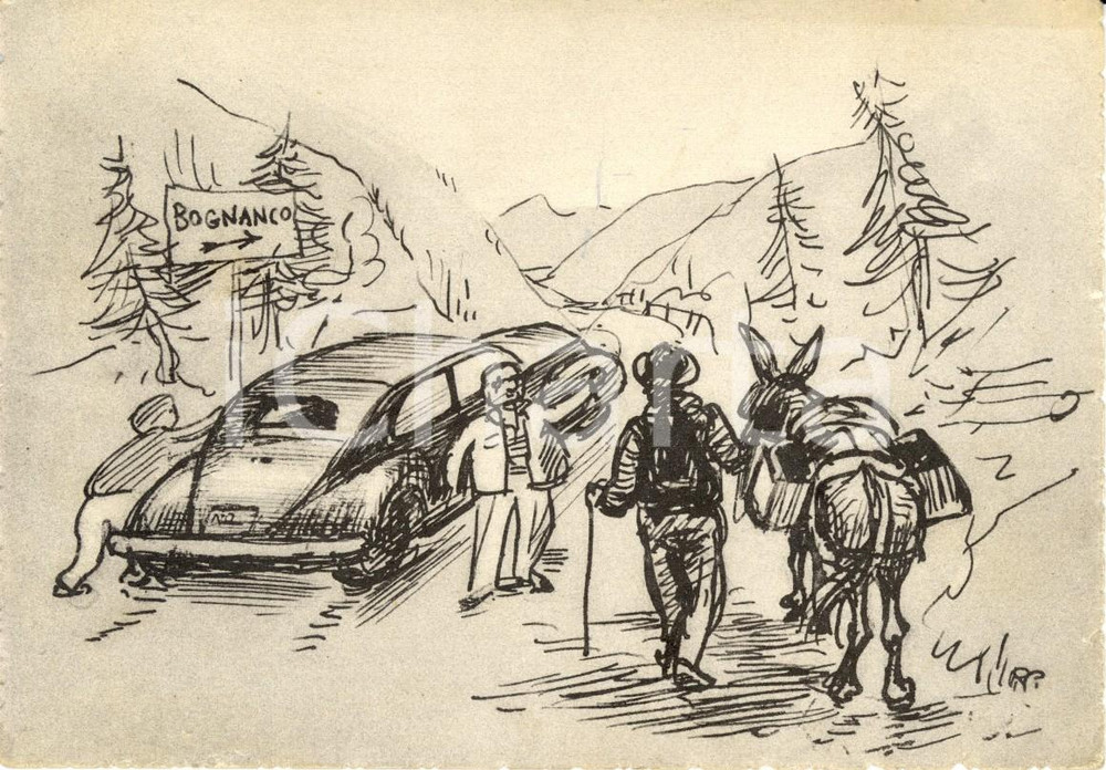 Cartolina originale da collezione 1952 BOGNANCO VB Vignetta sulla prodigiosa acqua di Bognanco ILLUSTRATA FG VG 1