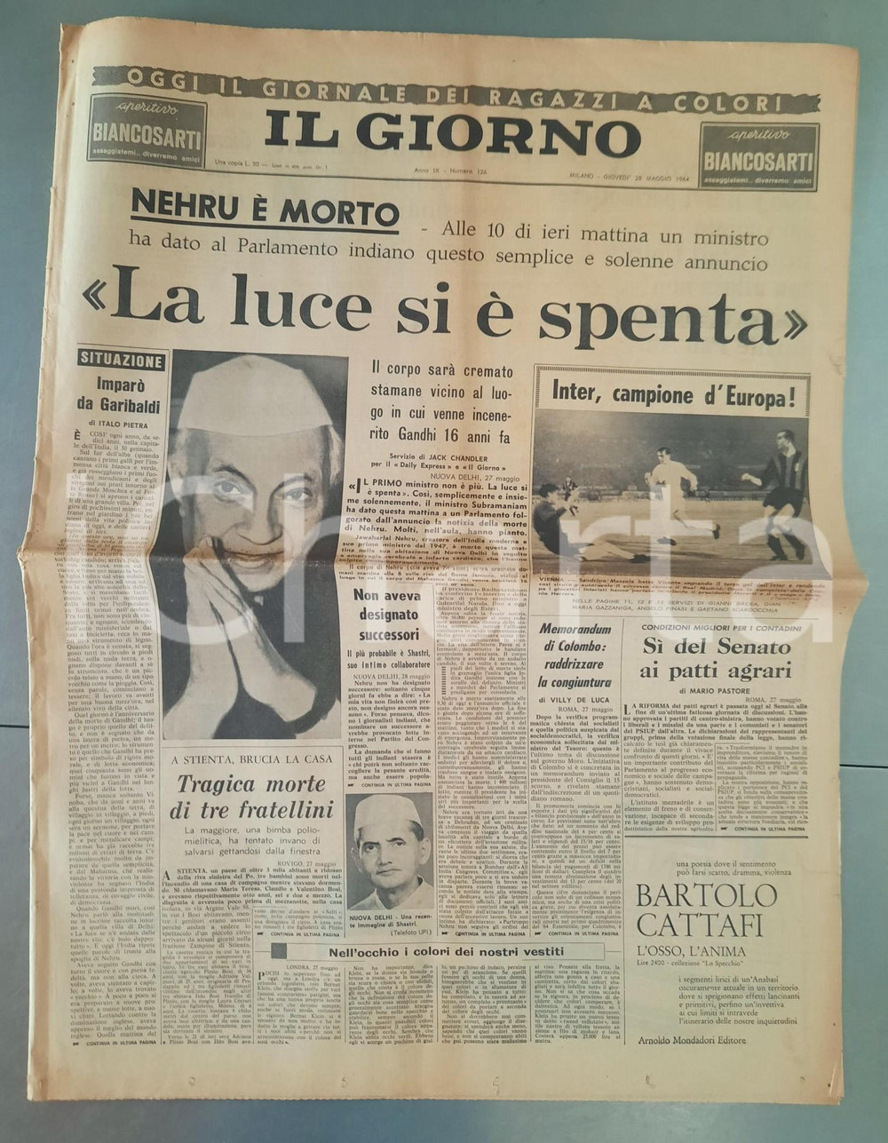 Giornale, rivista storica 1964 IL GIORNO  Morte di Jawaharlal Nehru  Inter campione d Europa Giornale 1