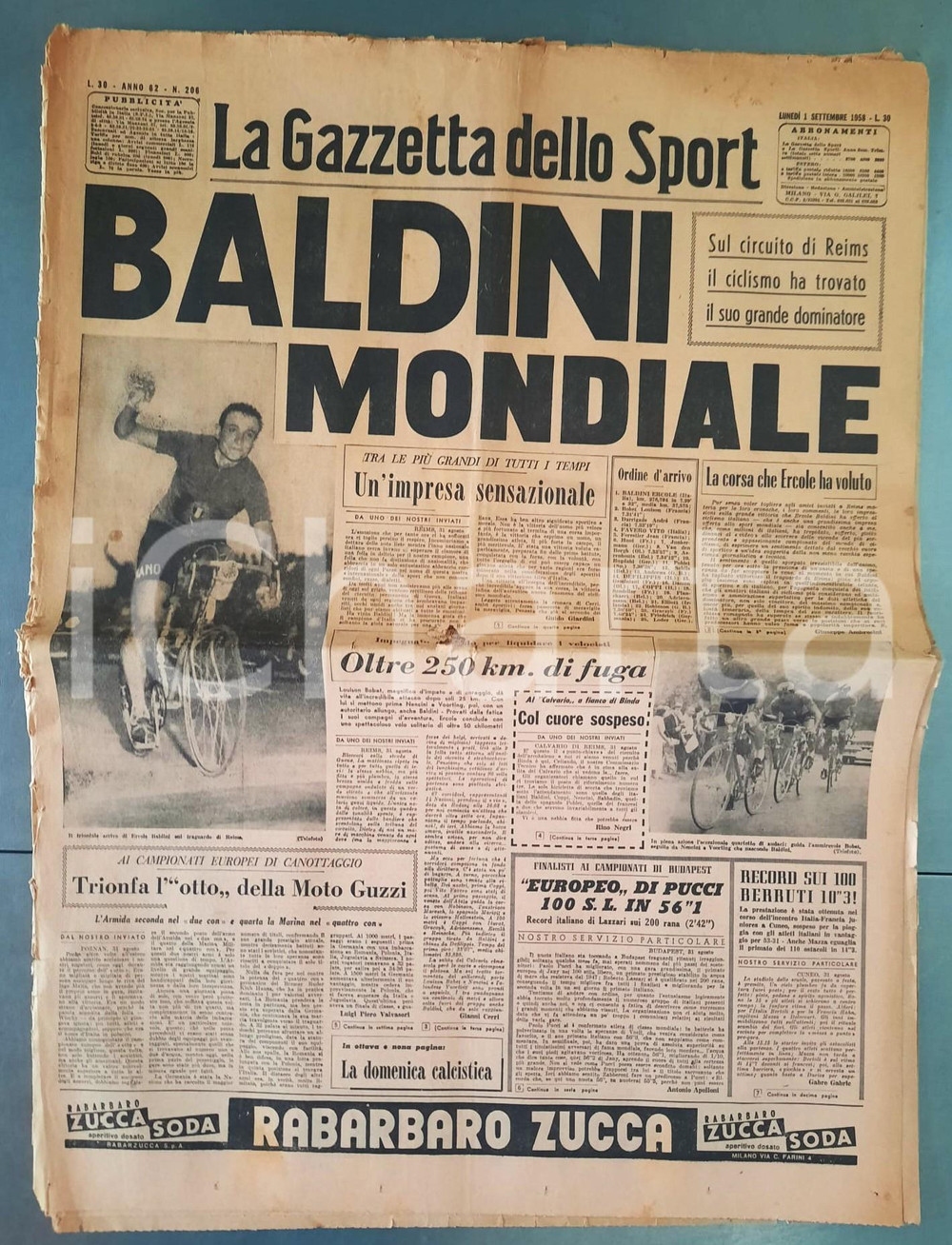 Giornale, rivista storica 1958 LA GAZZETTA DELLO SPORT  CICLISMO Baldini mondiale Giornale DANNEGGIATO 1