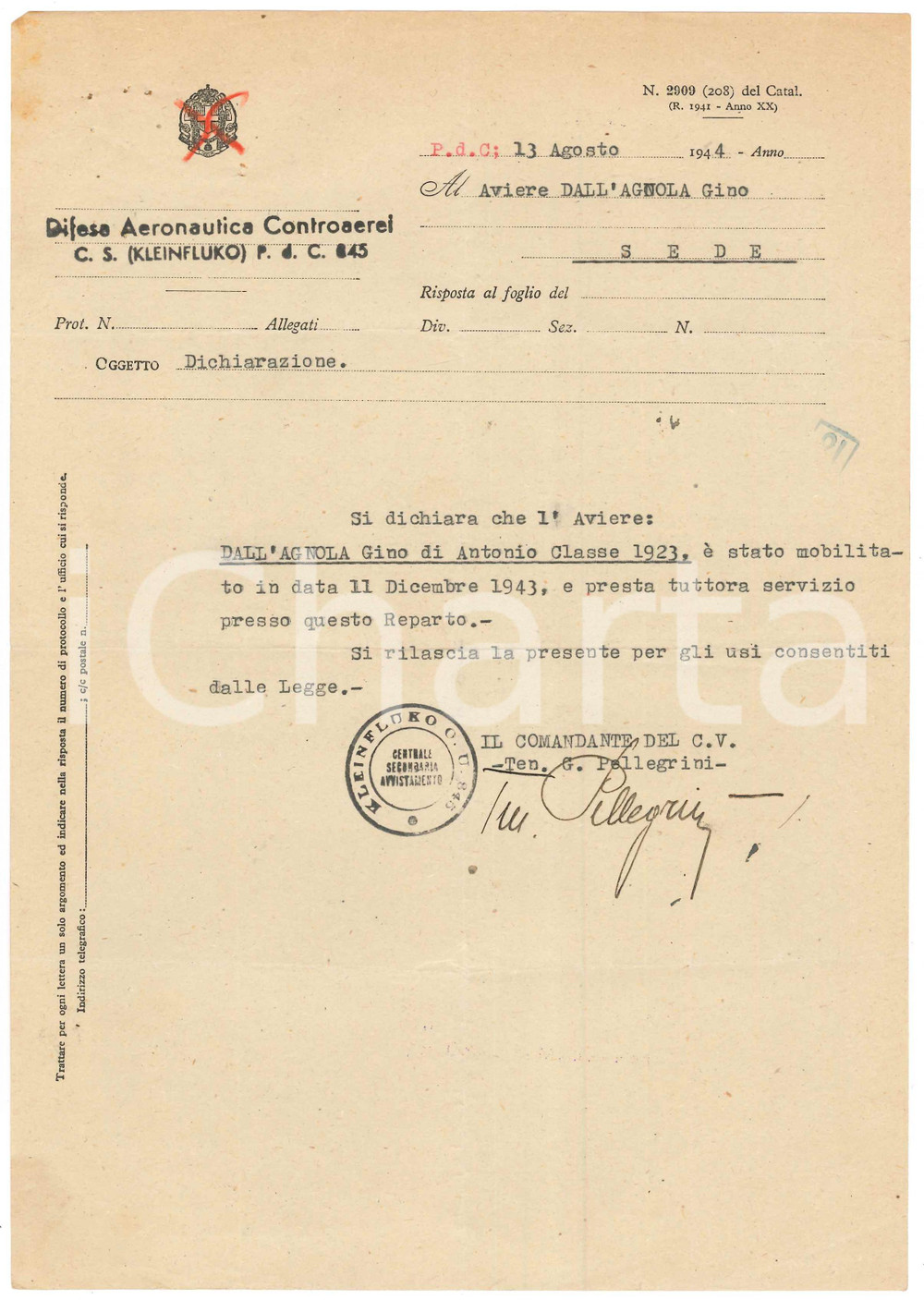 Documento originale, autentico 1944 WW2 Difesa Aeronautica CONTROAEREI  Certificato aviere Gino DALL AGNOLA 1