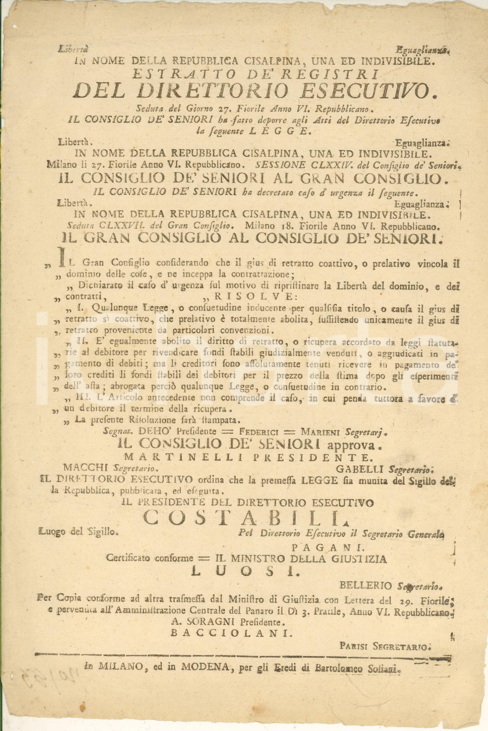 Documento originale, autentico 1798 REPUBBLICA CISALPINA Abolizione del diritto di retratto  Avviso 22x32 cm 1