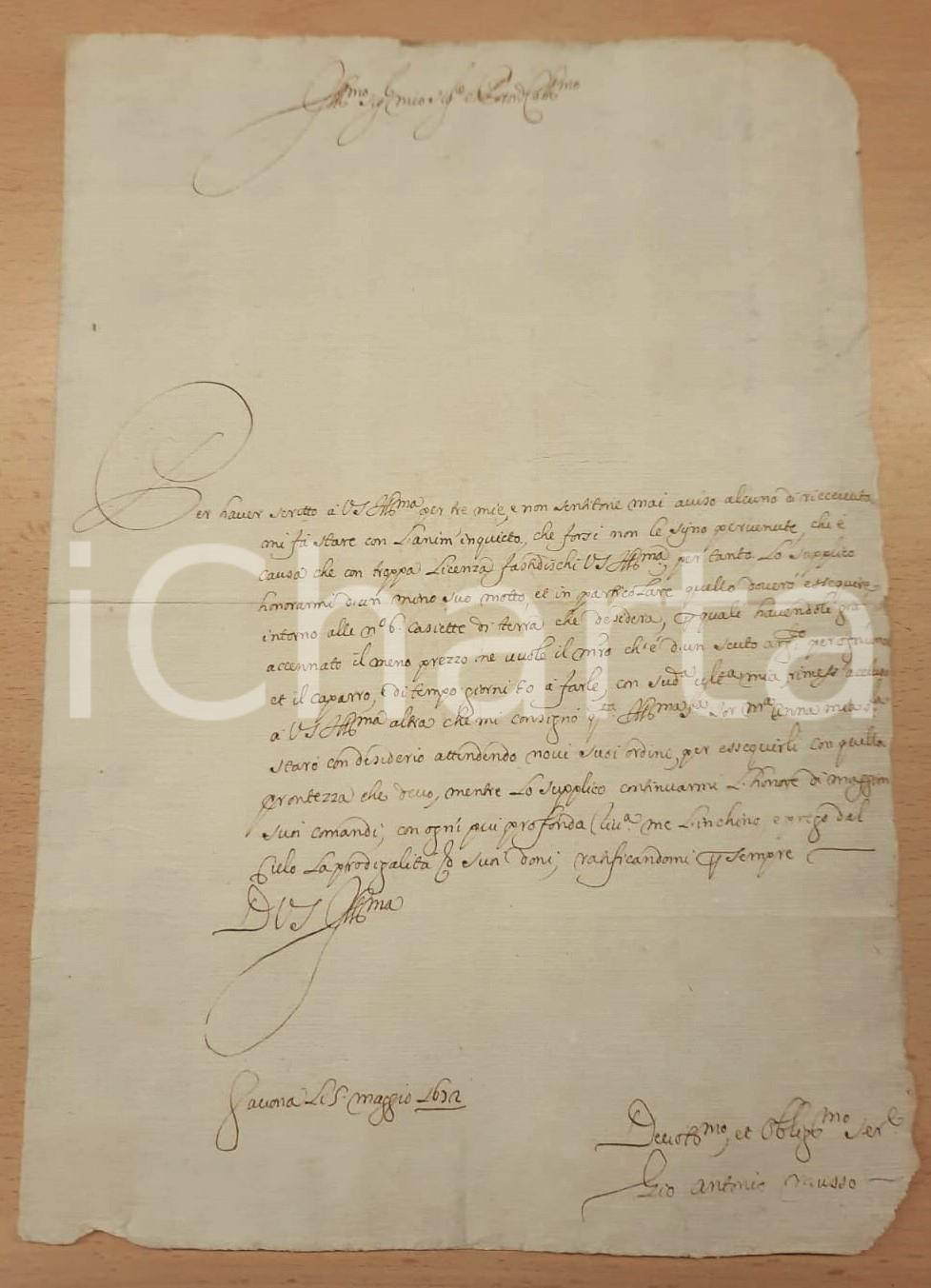 Manoscritto, lettera originale 1672 Lettera Giovanni Antonio MUSSO per costruzione di 6 casette Prefilatelica 1
