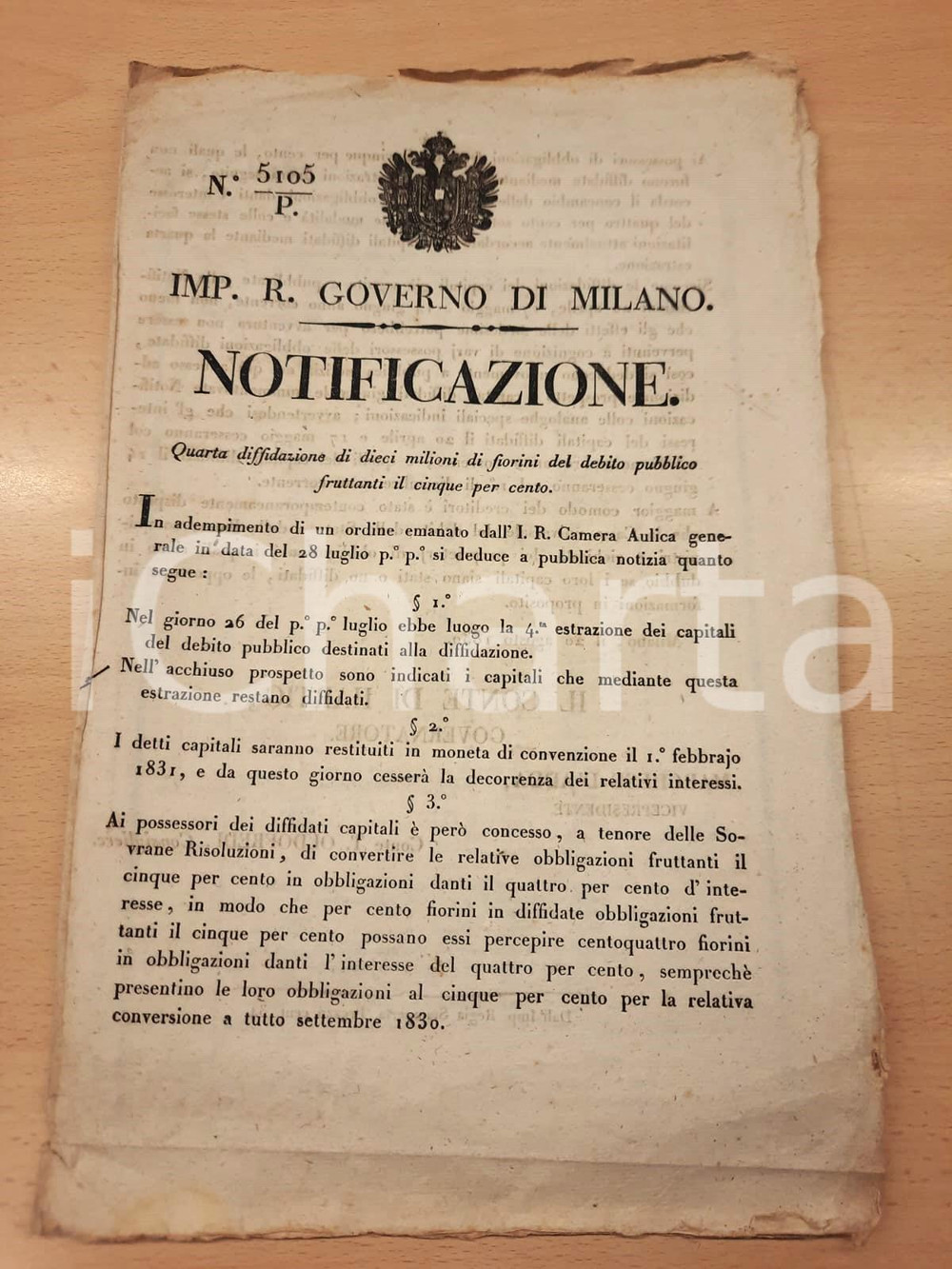 Documento originale, autentico 1830 MILANO Diffidazione di capitali del debito pubblico  Notificazione 1