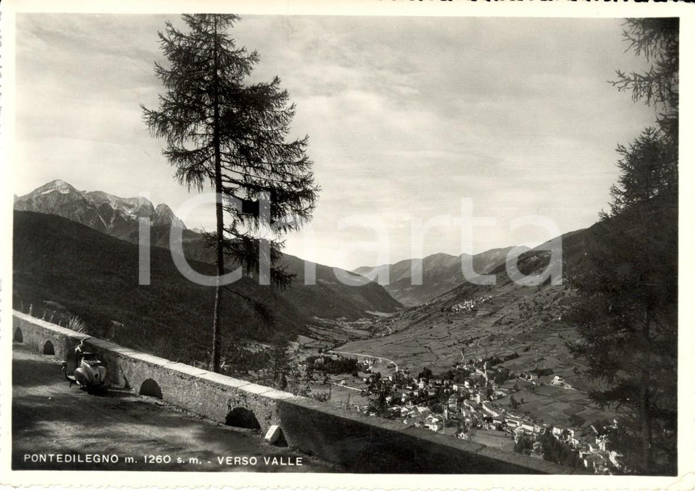Cartolina originale da collezione 1950 ca PONTEDILEGNO BS Veduta panoramica della vallata ANIMATA con Vespa VG 1
