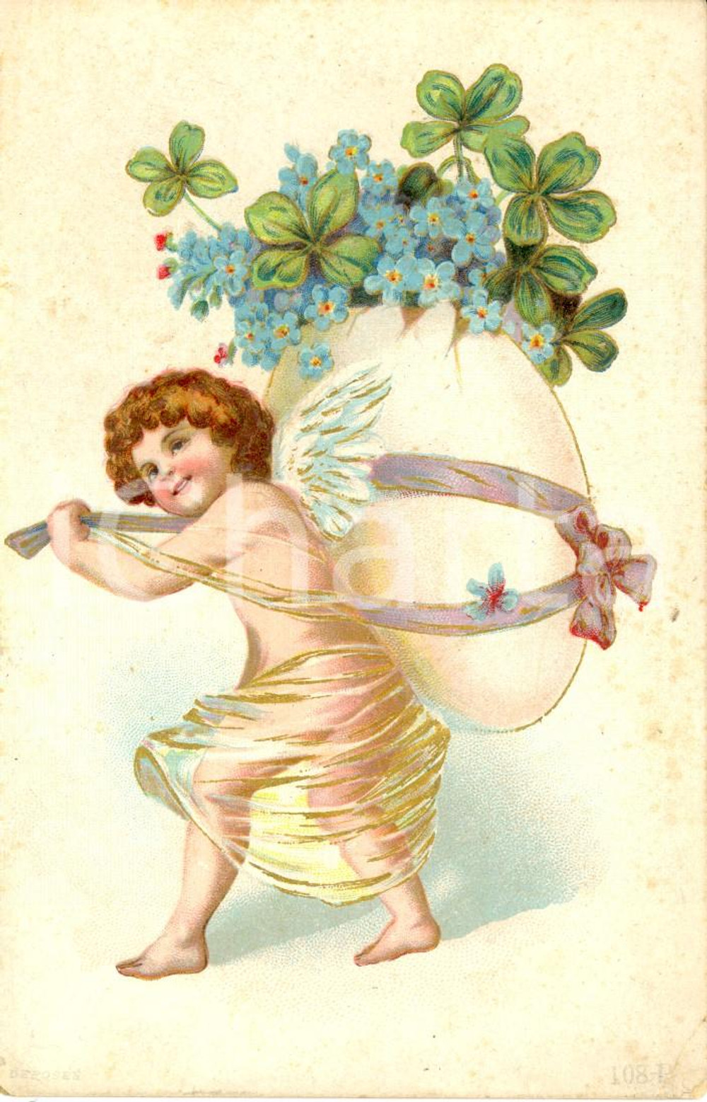 Cartolina originale da collezione 1900 ca PASQUA Amorino trasporta un uovo con fiori Cartolina augurale FP NV 1