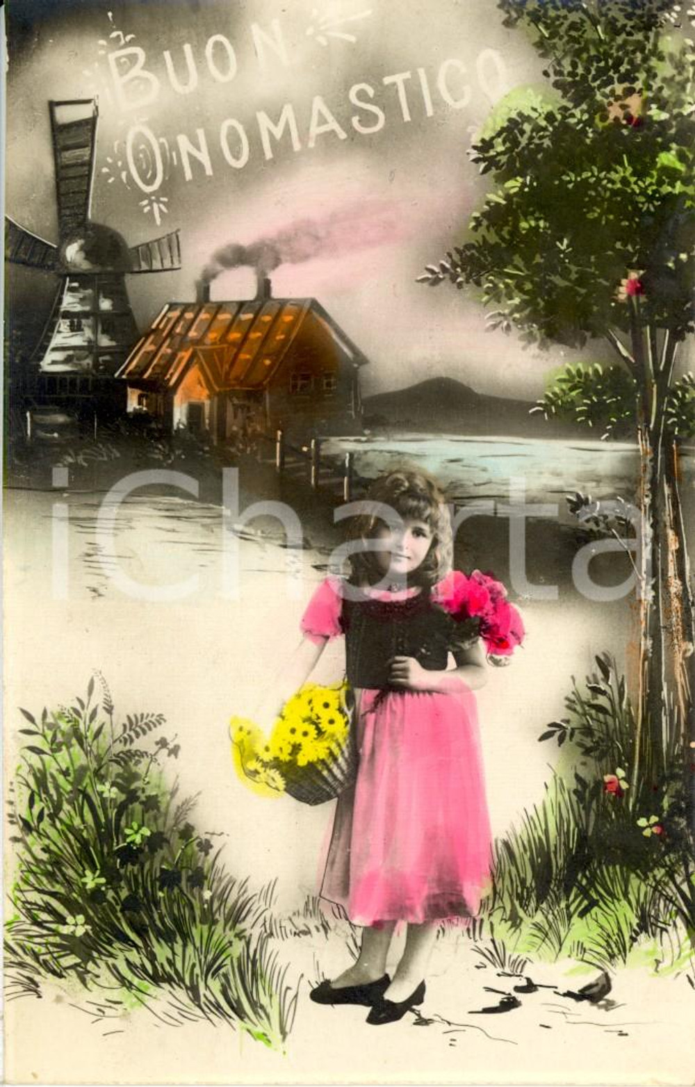 Cartolina originale da collezione 1924 AUGURI DI ONOMASTICO  Bambina con fiori  Cartolina ANIMATA FP NV 1