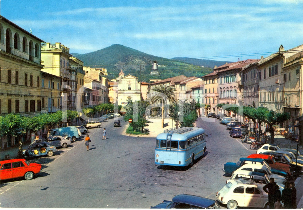 Cartolina originale da collezione 1960 ca POGGIO MIRTETO (RI) Piazza Martiri *Cartolina VINTAGE Animata corriera 4 1