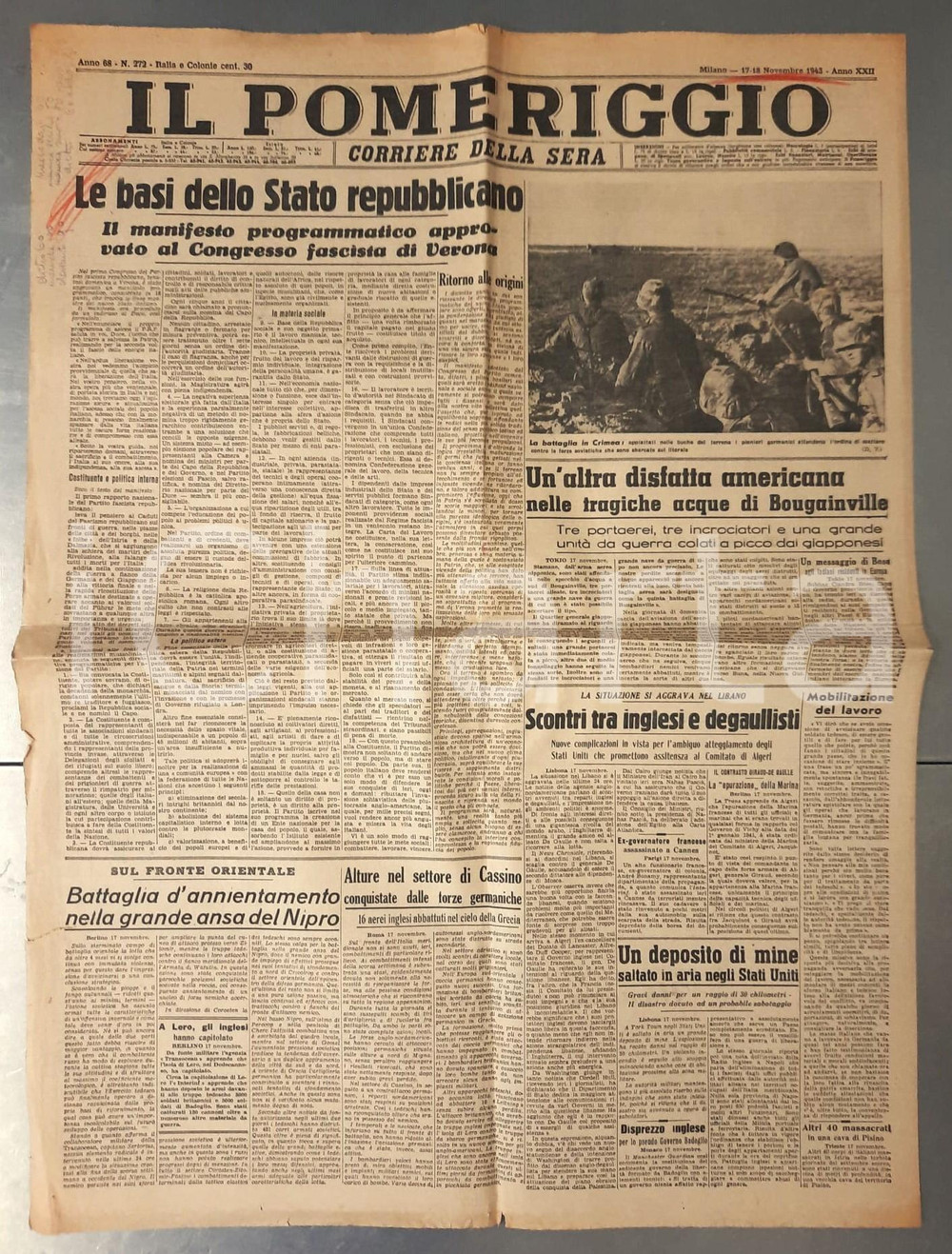 Giornale, rivista storica 1943 WW2 CORRIERE DELLA SERA  IL POMERIGGIO Basi dello Stato repubblicano n°272 1