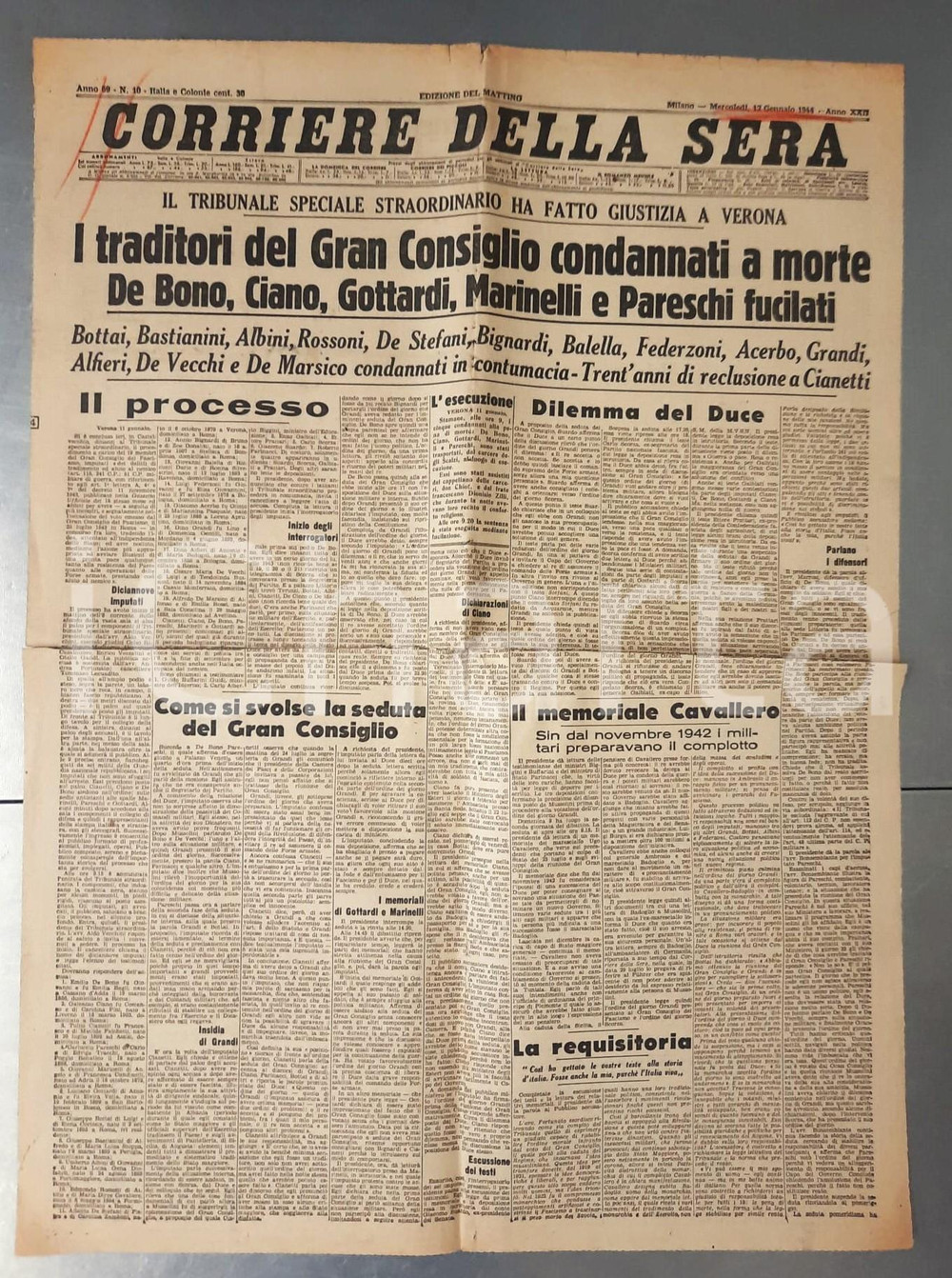 Giornale, rivista storica 1944 WW2 CORRIERE DELLA SERA Traditori del Gran Consiglio fucilati n°69 1