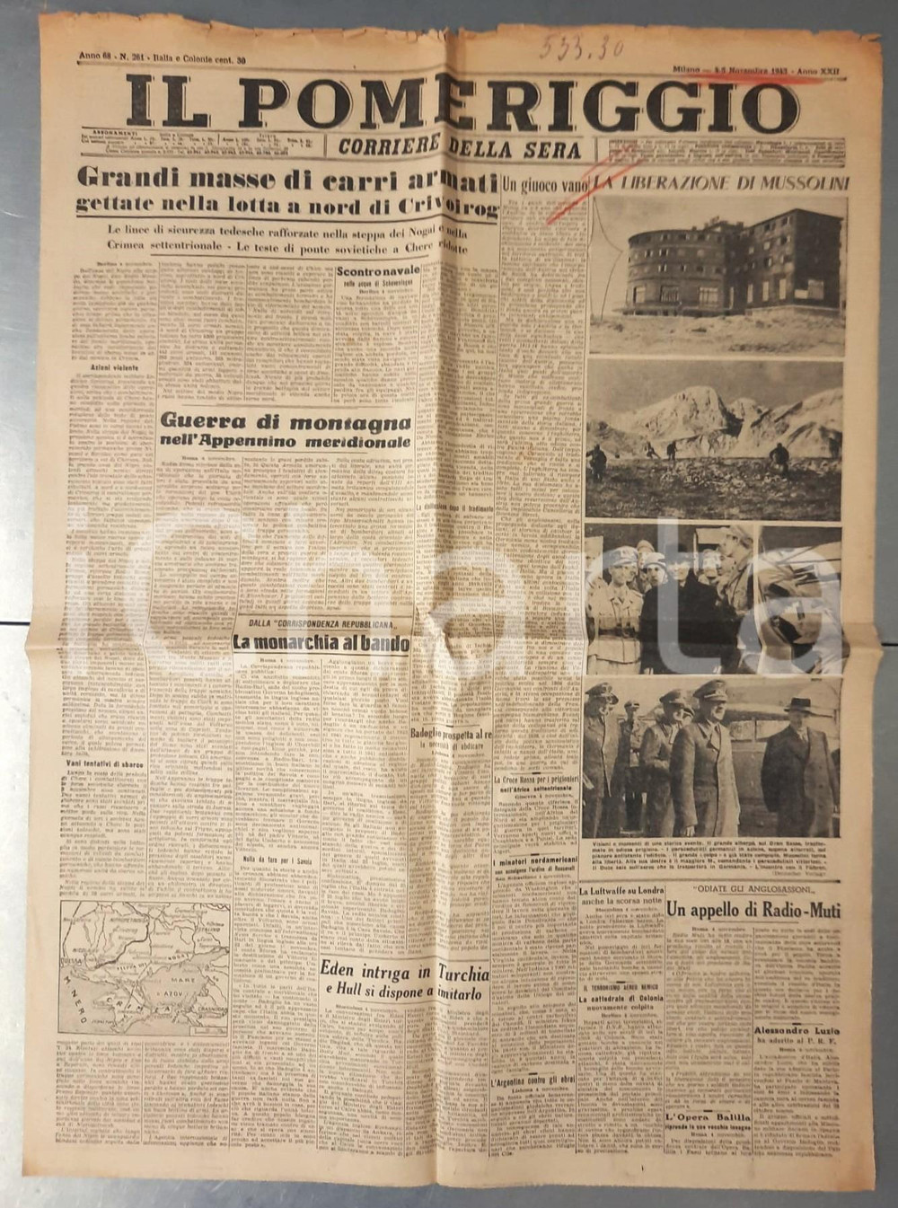 Giornale, rivista storica 1943 WW2 CORRIERE DELLA SERA  IL POMERIGGIO Liberazione di Mussolini 1