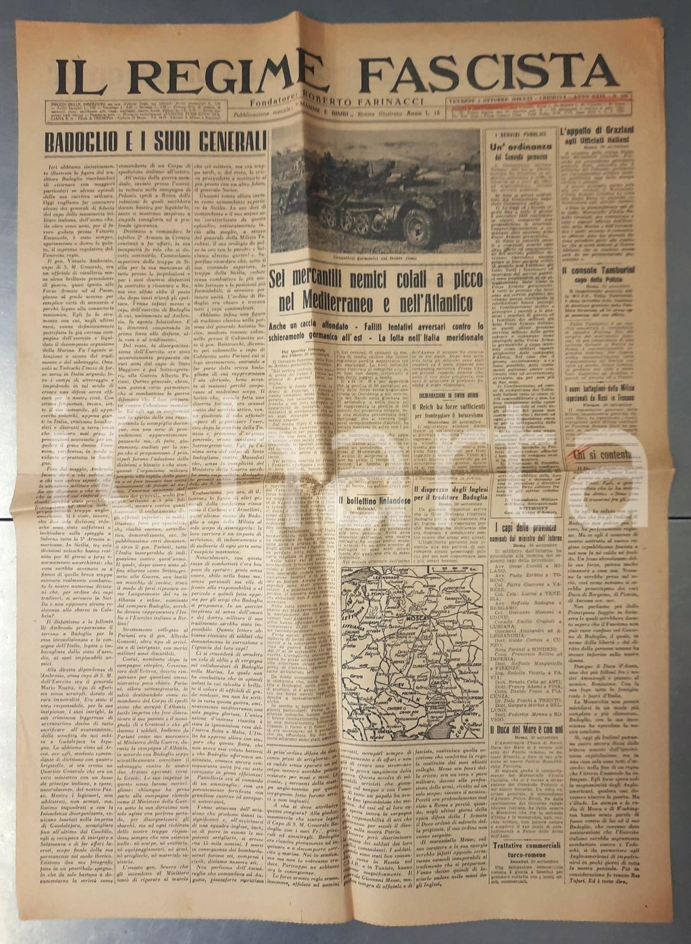 Giornale, rivista storica 1943 WW2 IL REGIME FASCISTA Badoglio e i suoi generali  Mercantili affondati 1