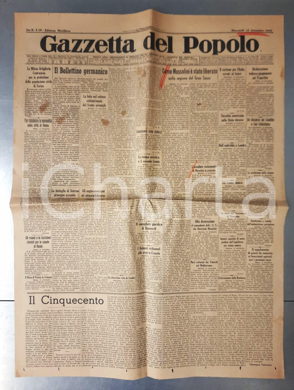 Giornale, rivista storica 1943 WW2 GAZZETTA DEL POPOLO Come Mussolini é stato liberato sul Gran Sasso 1