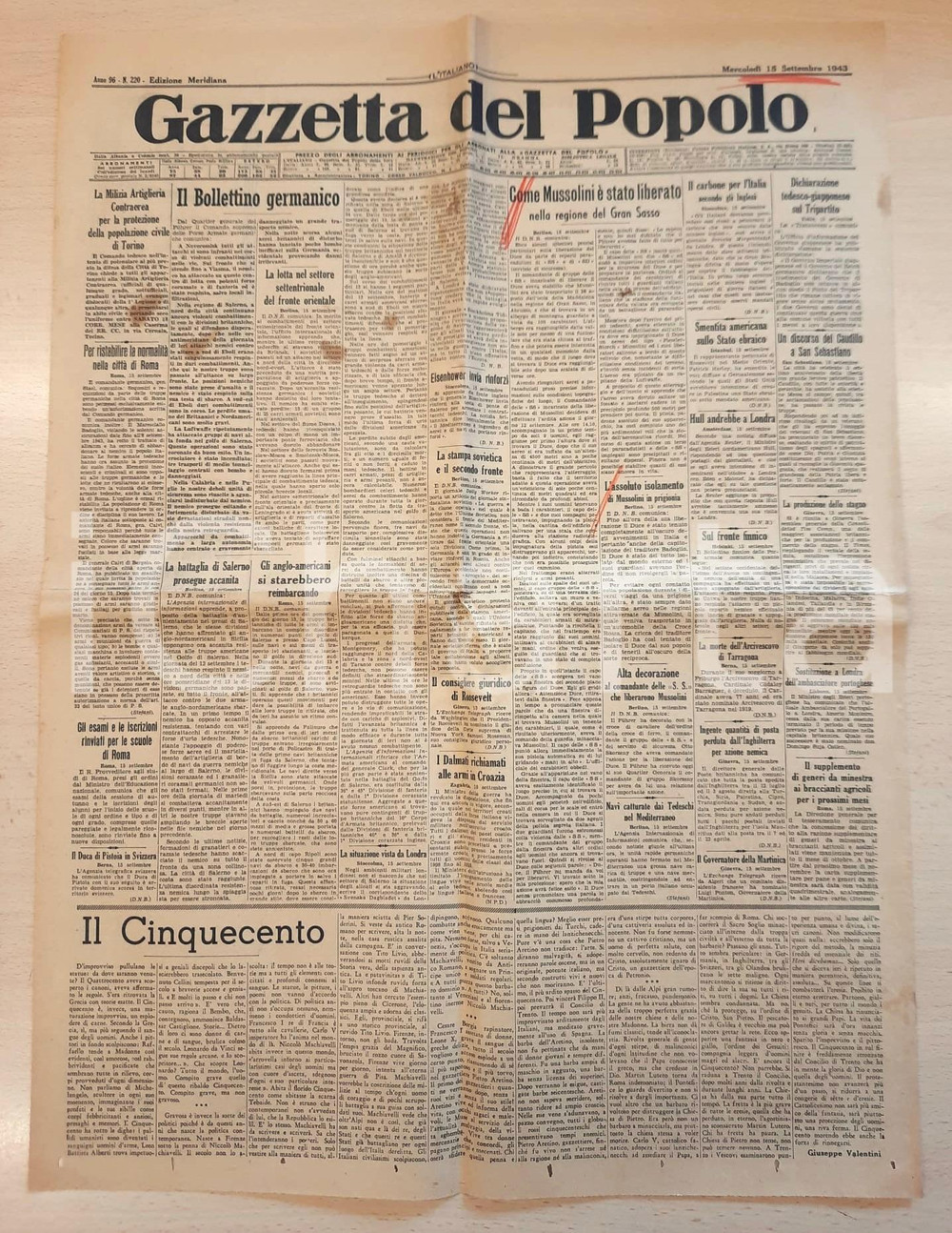 Giornale, rivista storica 1943 WW2 GAZZETTA DEL POPOLO Come Mussolini é stato liberato sul Gran Sasso 1