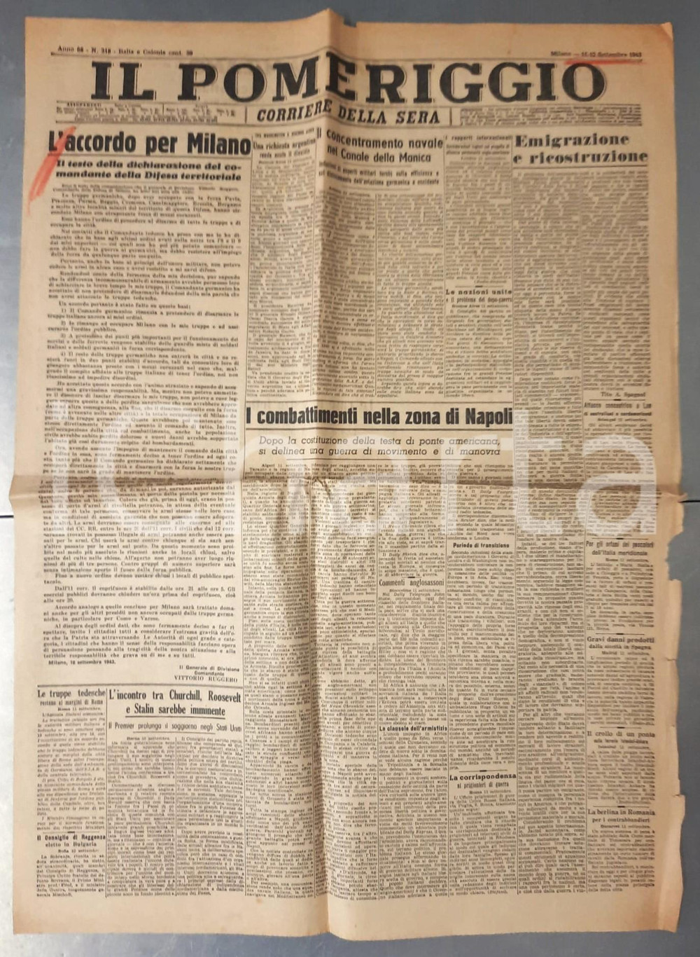 Giornale, rivista storica 1943 WW2 CORRIERE DELLA SERA  IL POMERIGGIO Accordo per Milano CASSIBILE 1