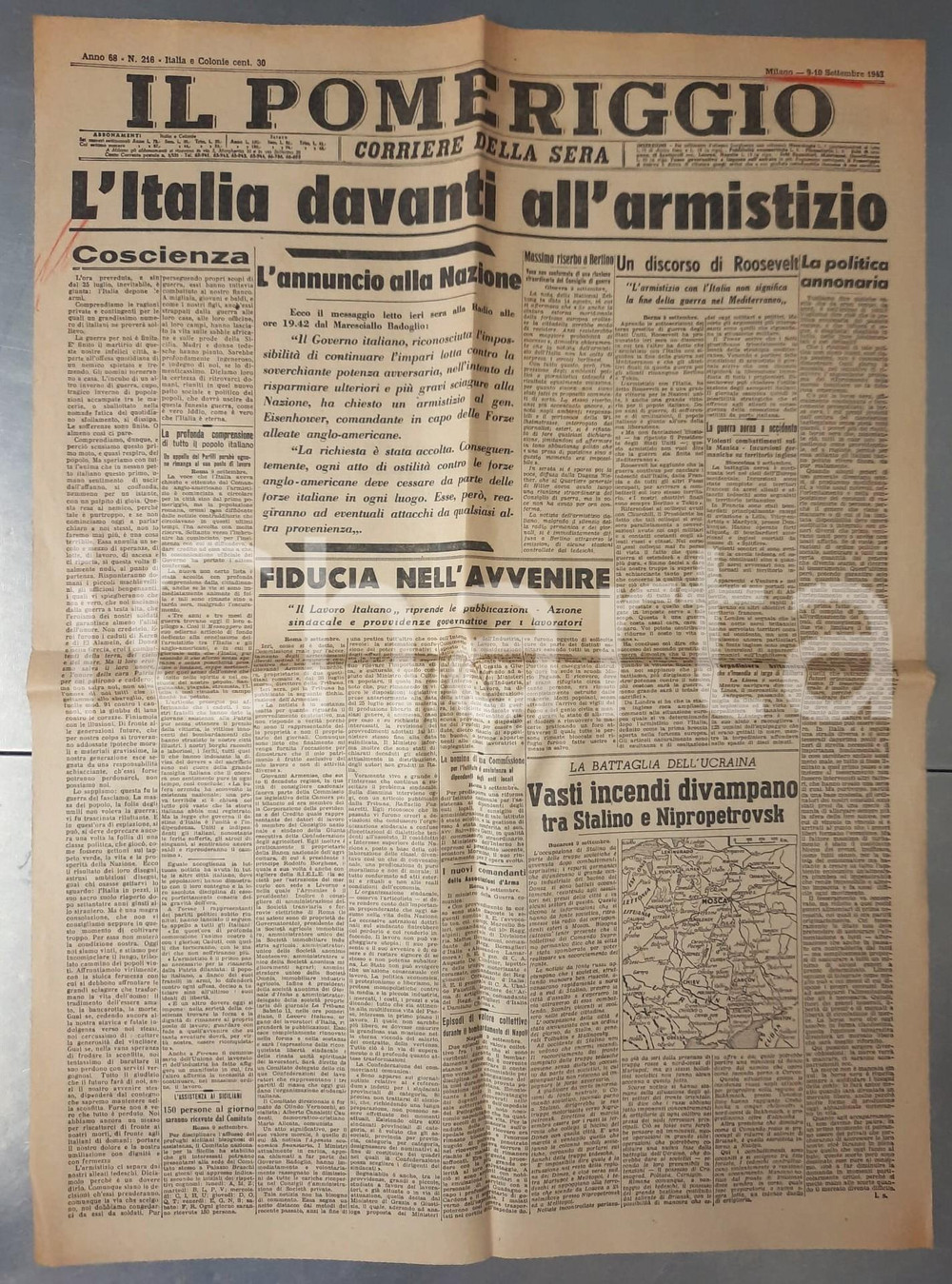 Giornale, rivista storica 1943 WW2 CORRIERE DELLA SERA  IL POMERIGGIO L Italia davanti all armistizio 1