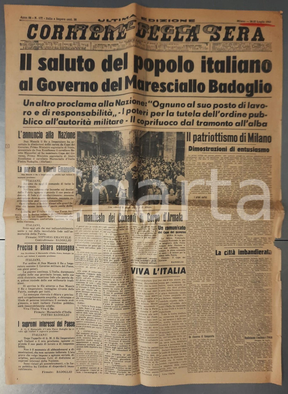 Giornale, rivista storica 1943 WW2 CORRIERE DELLA SERA  POMERIGGIO Governo del maresciallo Badoglio 1