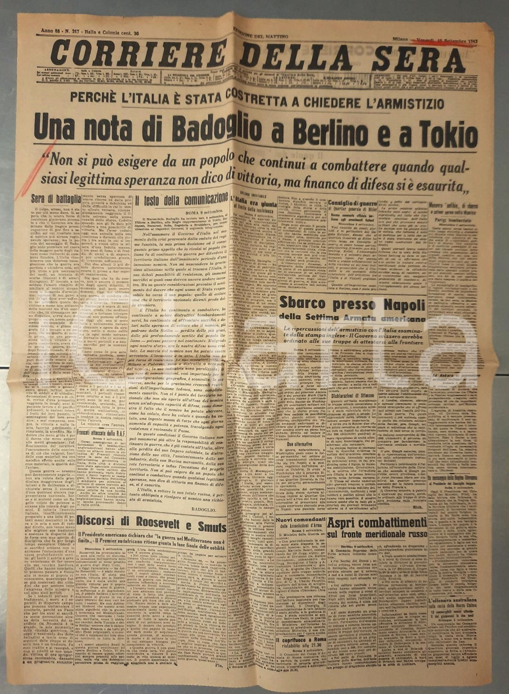 Giornale, rivista storica 1943 WW2 CORRIERE DELLA SERA Nota di Badoglio  Italia costretta all armistizio 1