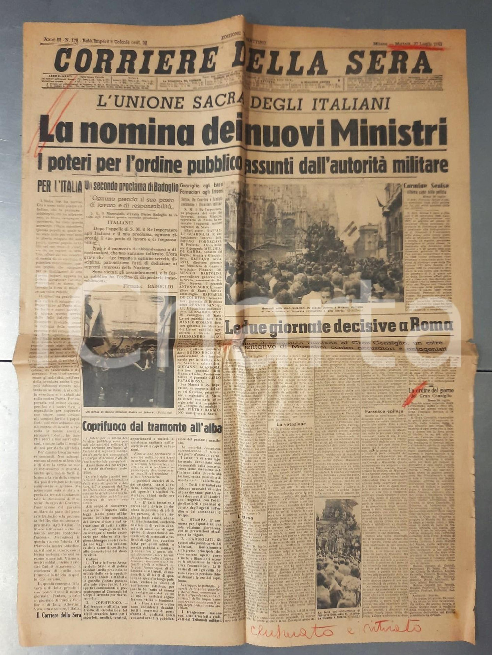 Giornale, rivista storica 1943 WW2 CORRIERE DELLA SERA Governo Badoglio  Nomina dei nuovi ministri 1