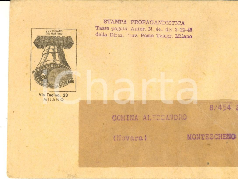 Materiale pubblicitario d’epoca 1948 MILANO Quotidiano del mattino L ITALIA Busta intestata 1