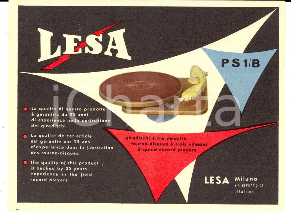 Materiale pubblicitario d’epoca 1950 ca MILANO Ditta LESA Giradischi P S 1/B Volantino ILLUSTRATO 15x11 cm 1