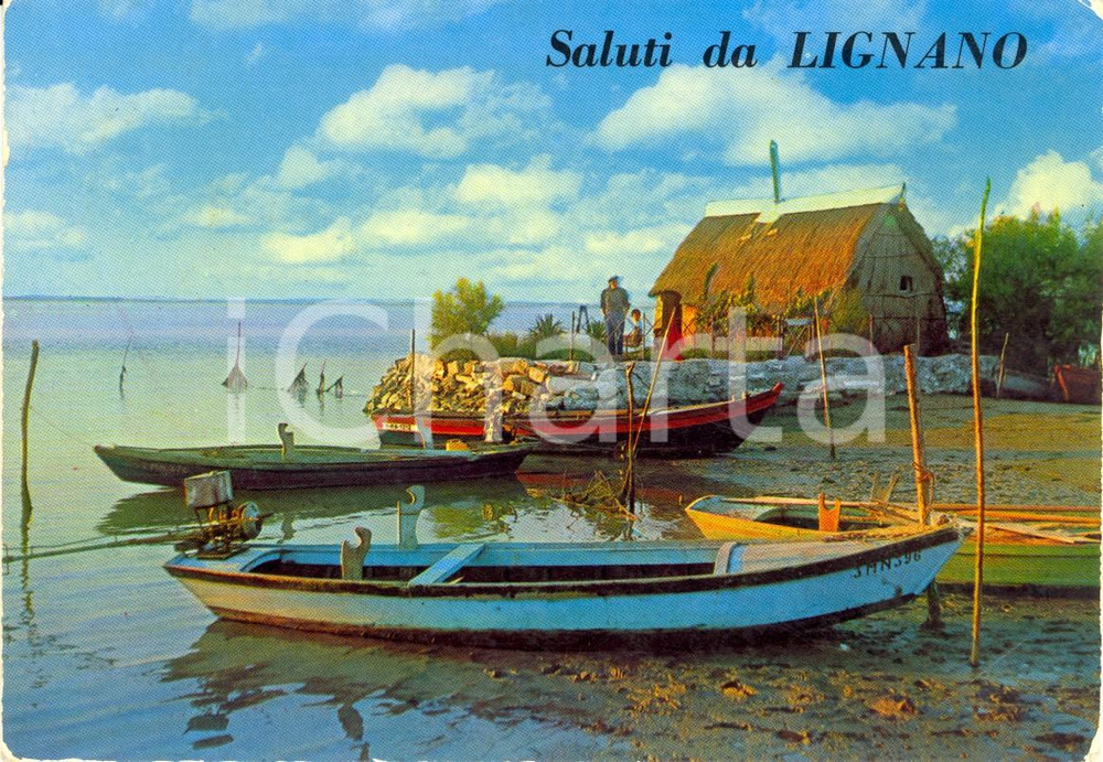 Cartolina originale da collezione 1974 LIGNANO SABBIADORO UD Capanni di pescatori in laguna Cartolina VINTAGE 1