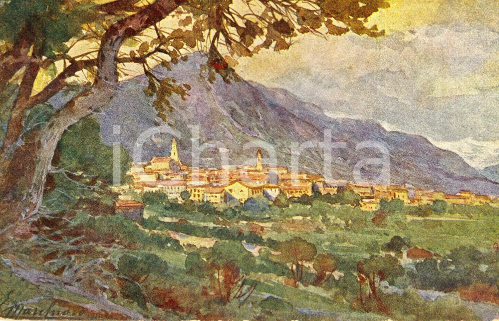 Cartolina originale da collezione 1930 ca ALA TN Panorama dipinto Edoardo MARCHIORO Cartolina ILLUSTRATA FP NV 1
