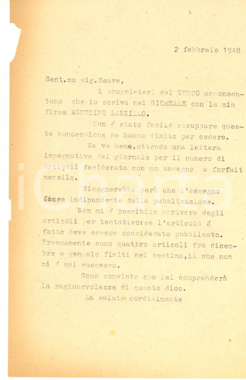 Manoscritto, lettera originale 1948 MILANO Giornale cestina articoli Agostino LANZILLO Lettera 1