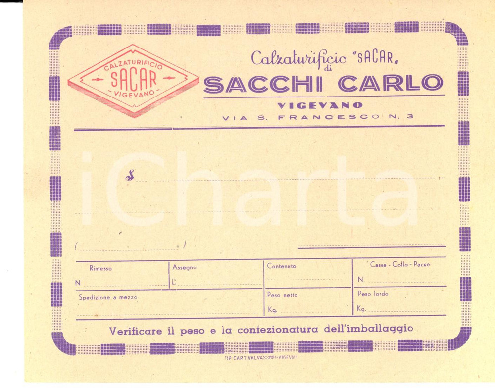 Manoscritto, lettera originale 1940 ca VIGEVANO PV Calzaturificio Carlo SACCHI  Etichetta pubblicitaria 1