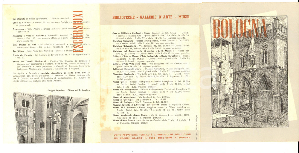 Materiale pubblicitario d’epoca 1950 ca BOLOGNA Ente Provinciale Turismo  Pieghevole ILLUSTRATO VINTAGE 1