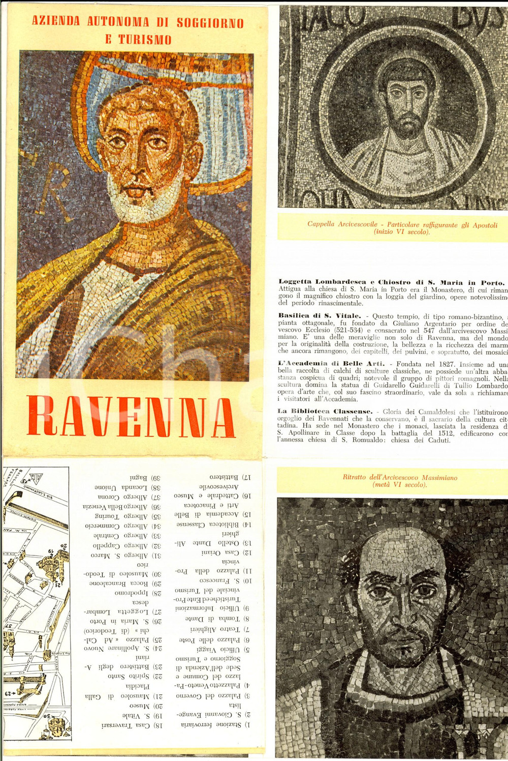 Materiale pubblicitario d’epoca 1953 RAVENNA Azienda Autonoma Turismo  Pieghevole ILLUSTRATO con mappa VINTAGE 1