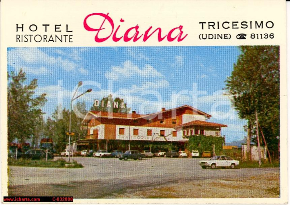 Materiale pubblicitario d’epoca 1960 circa TRICESIMO hotel ristorante Diana biglietto 1
