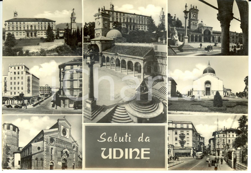 Cartolina originale da collezione 1955 UDINE Vedutine con loggia di SAN GIOVANNI eTORRE DELL'OROLOGIO *FG VG 1