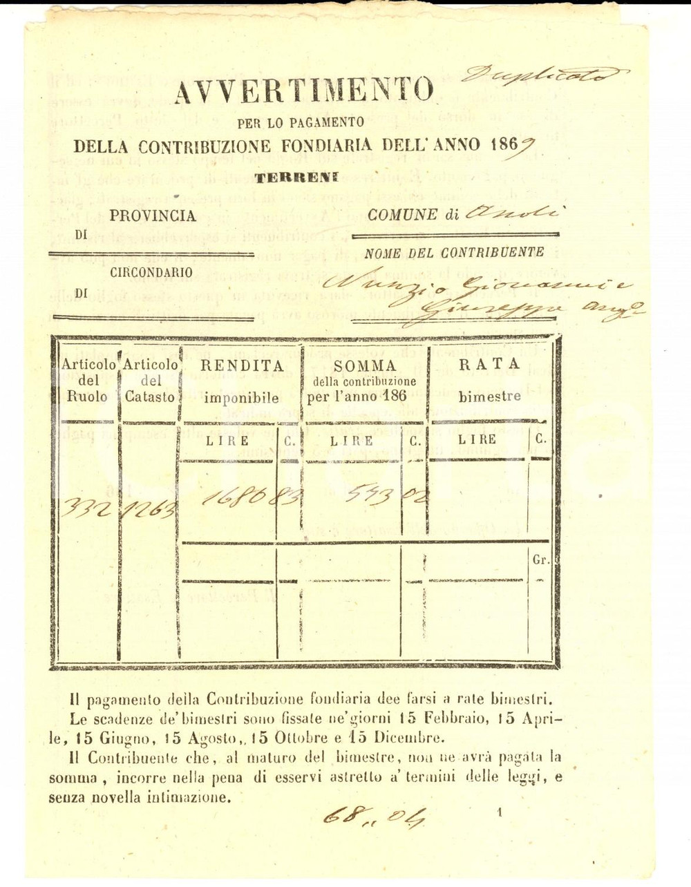 Documento originale, autentico 1869 ASCOLI Avviso per la contrIbuzione fondiaria su terreni di Giovanni NUNZIO 1