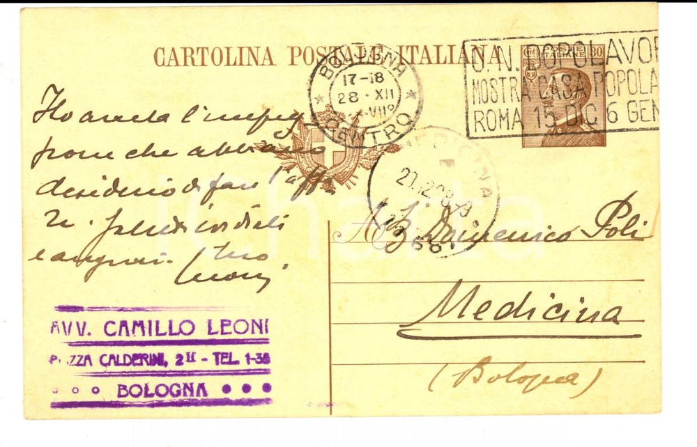 Cartolina originale da collezione 1928 BOLOGNA Avv. Camillo LEONI al dr. Domenico POLI Autografo 1