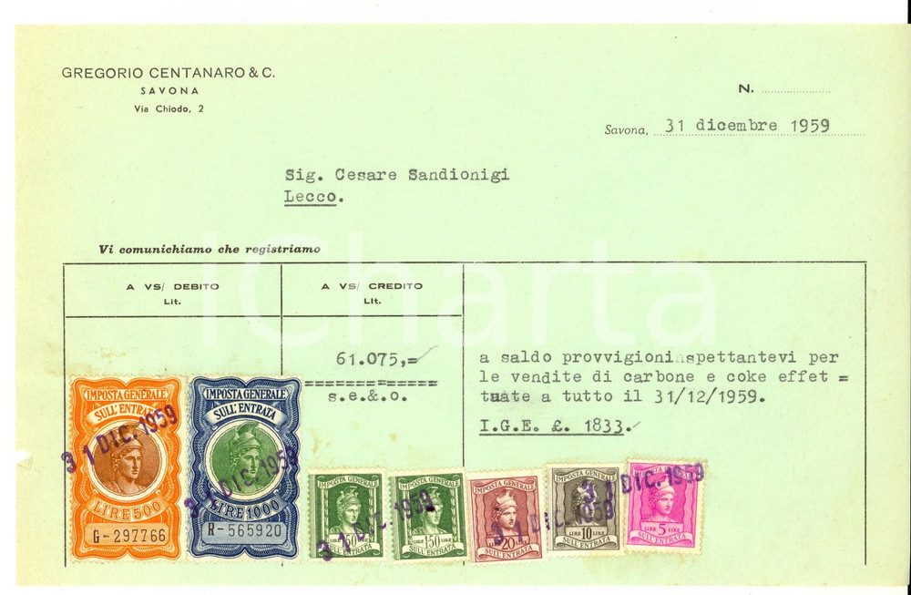 Documento originale, autentico 1959 SAVONA Gregorio CENTANARO &C. Ricevuta provvigioni carbone Bolli 1