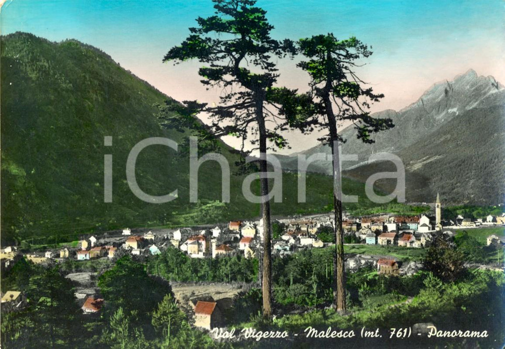 Cartolina originale da collezione 1958 MALESCO (VB) Panorama del paese e della VAL VIGEZZO *Cartolina FG VG 1