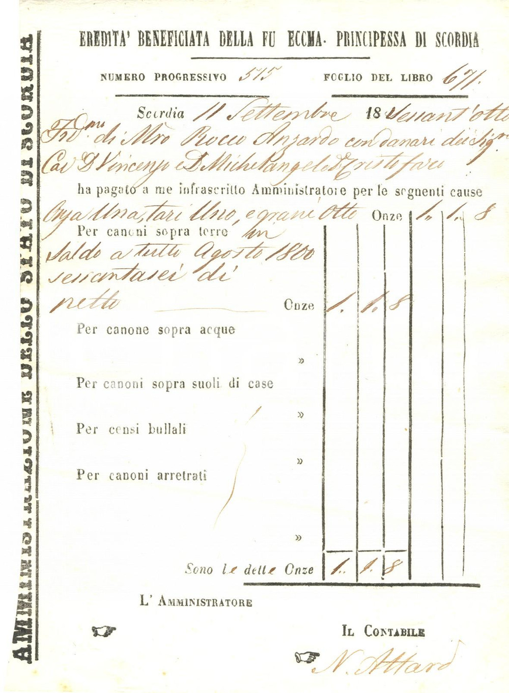 Documento originale, autentico 1868 SCORDIA CT Rocco ANZALDI paga affitto su terre Principessa Ricevuta 1