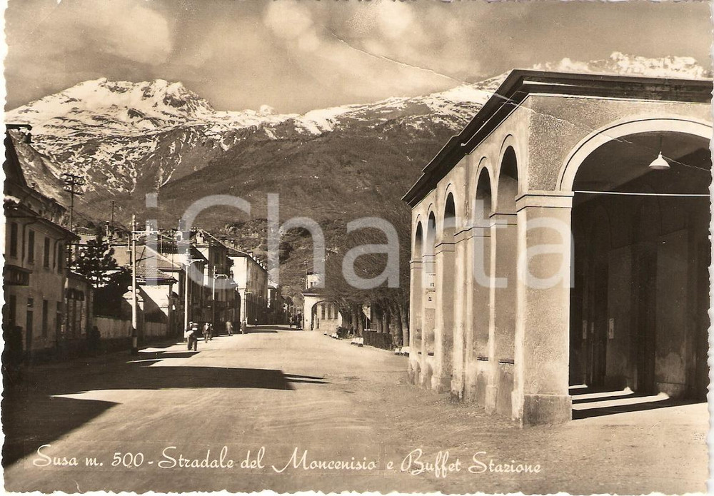 Cartolina originale da collezione 1950 ca SUSA TO Statale del MONCENISIO e Buffet STAZIONE Cartolina DANNI 1