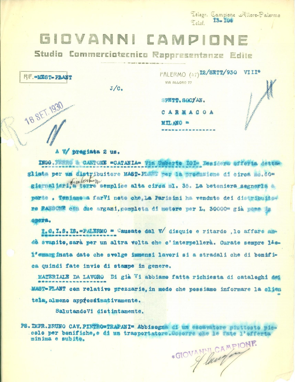 Documento originale, autentico 1930 PALERMO Giovanni CAMPIONE Studio commerciotecnico Lettera commerciale 1