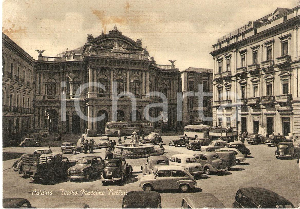 Cartolina originale da collezione 1958 CATANIA Traffico davanti al Teatro Massimo BELLINI *Cartolina FG VG 1