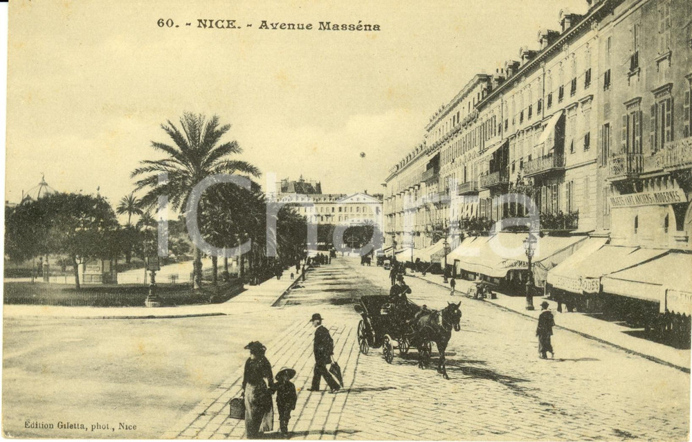 Cartolina originale da collezione 1915 ca NIZZA (FRANCIA) Avenue MASSENA con carrozza e passanti * Cartolina FP NV 1