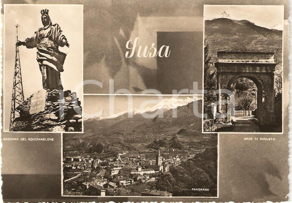 Cartolina originale da collezione 1950 ca SUSA (TO) Vedutine Madonna del ROCCIAMELONE Arco di Augusto Cartolina FG 1