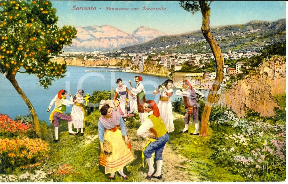 Cartolina originale da collezione 1940 ca SORRENTO (NA) Panorama con tarantella ILLUSTR. 1